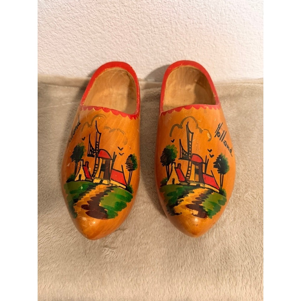 Vintage Holland Wooden Clogs Hand Painted Windmill Dutch Klompen Shoes Size 23